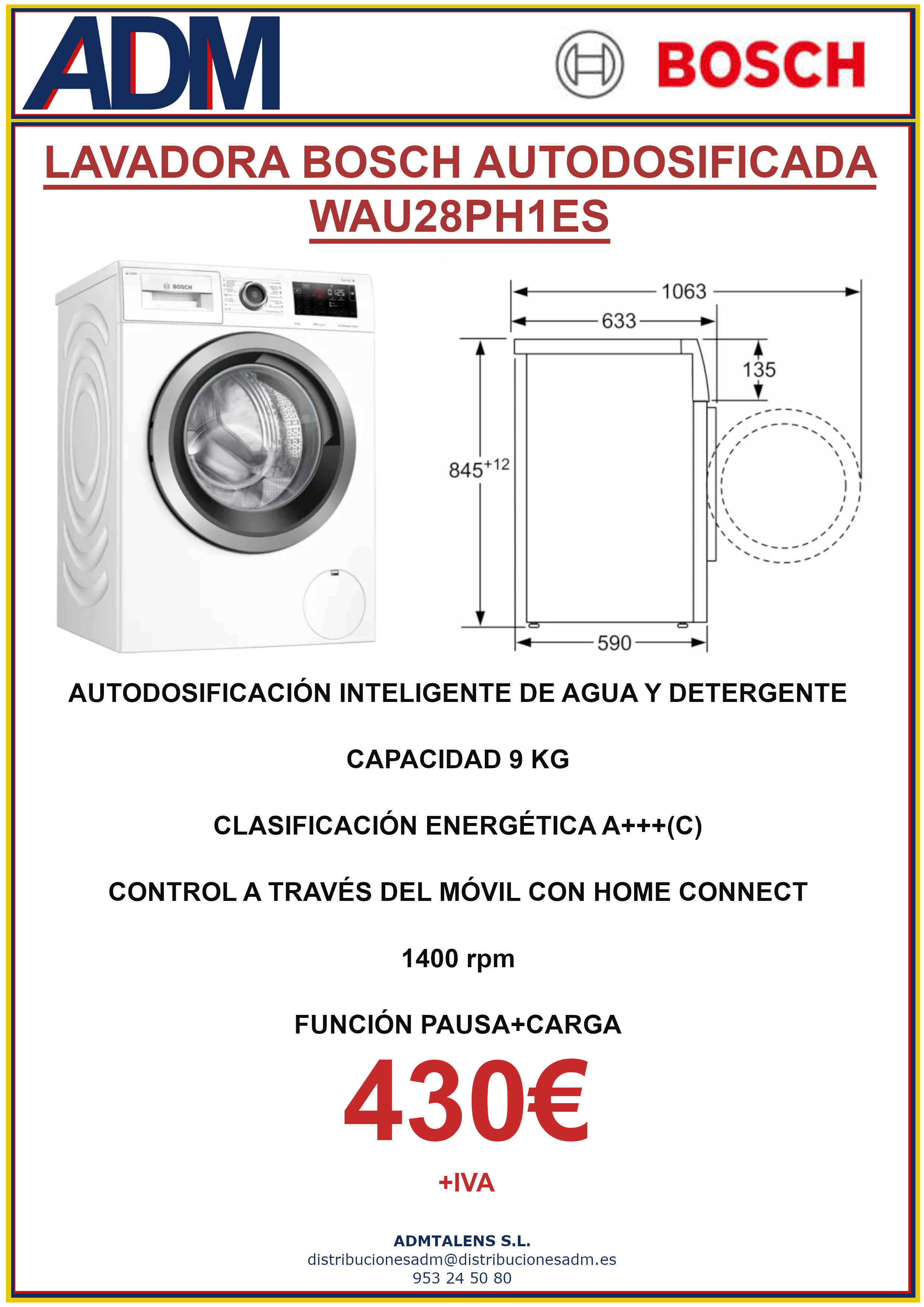 Lavadora 9Kg 1400Rpm BOSCH WAU28PH1ES Autodosifica