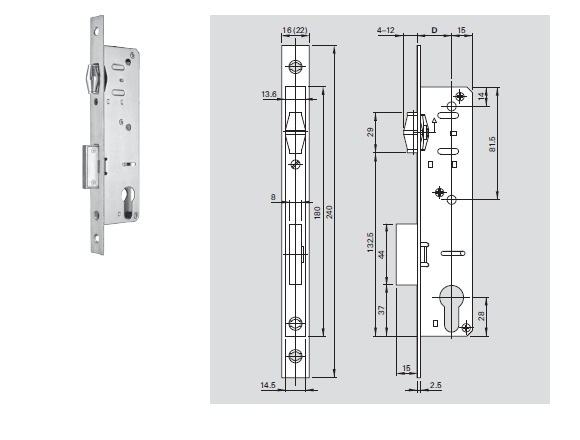 CERRADURA PUERTA RODILLO.35/P/240/2.5X16/SL