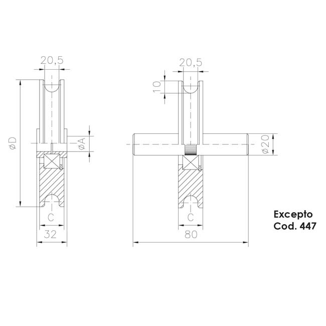 POLEA CANAL U 20 MM PUERTA CORREDERA 150 X 20