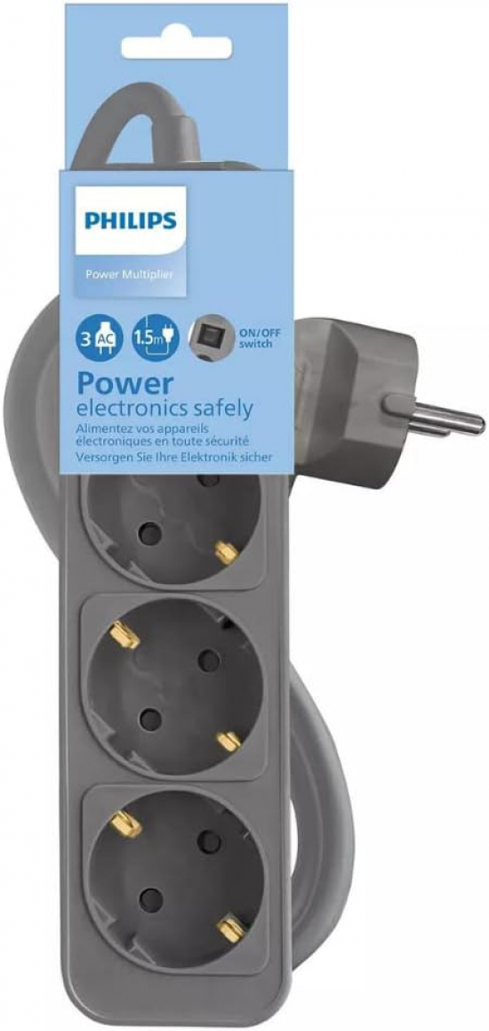 REGLETA PHILIPS 3 TOMAS SCHUKO 1,5M GRIS