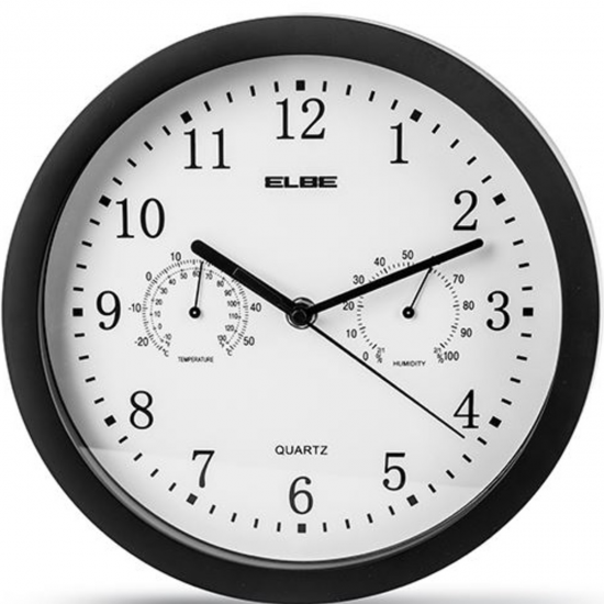 RELOJ ANALOG ELBE RP1005N PARED NEG 25CM TEMP/HUME