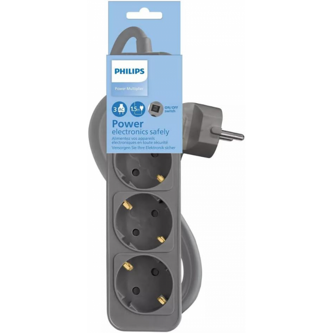 REGLETA PHILIPS 3 TOMAS SCHUKO 1,5M GRIS