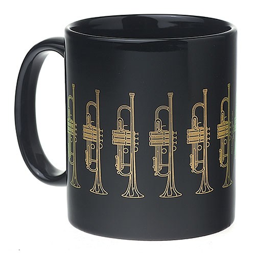 REGALO- TAZA  NEGRA DE TROMPETAS DORADAS