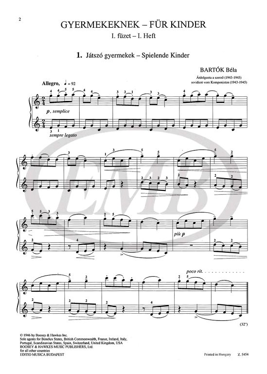 BARTOK B. - FOR CHILDREN V.1 - 2 (INGLES /ALEMAN)