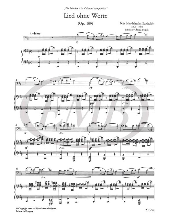 MENDELSSOHN F. - CANCION SIN PALABRAS RE M - OP.109 VIOLONCHELO