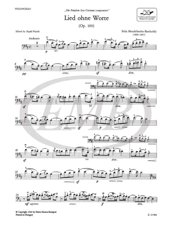 MENDELSSOHN F. - CANCION SIN PALABRAS RE M - OP.109 VIOLONCHELO