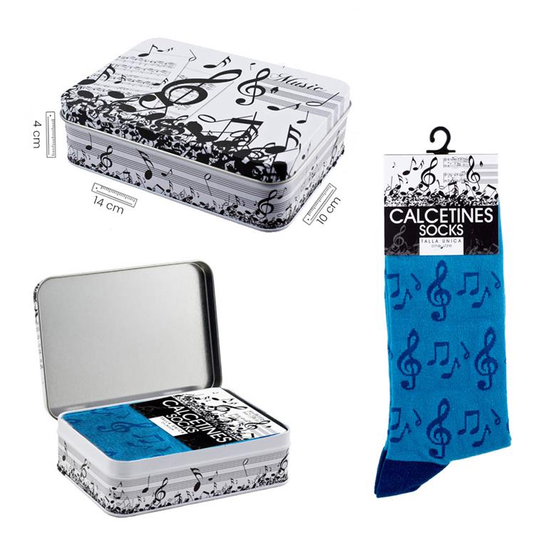REGALO - CALCETIN AZUL (EN LATA ) CON NOTAS EN AZUL OSCURO  TALLA UNICA