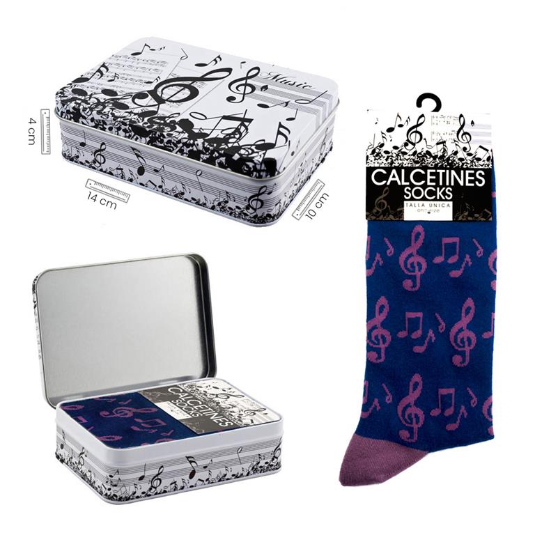 REGALO - CALCETIN MUSICAL (EN LATA) AZUL OSCURO Y NOTAS MORADAS TALLA UNICA