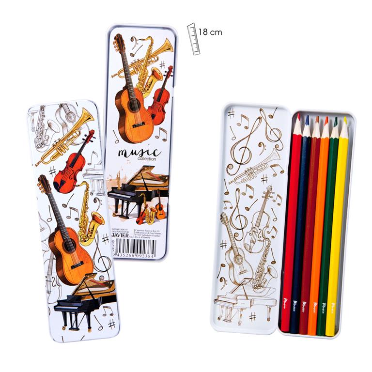 REGALO - ESTUCHE DE 6 LAPICEROS EN FORMA DE LATA CON INSTRUMENTOS MUSICALES