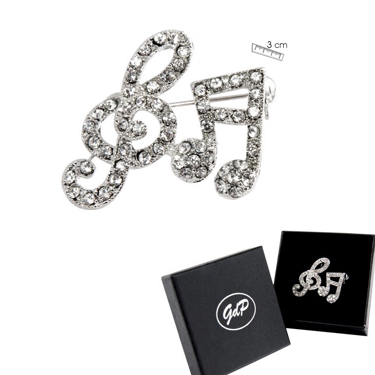 REGALO - BROCHE METAL NOTAS MUSICALES BRILLANTE (CORCHEA Y CLAVE DE SOL)