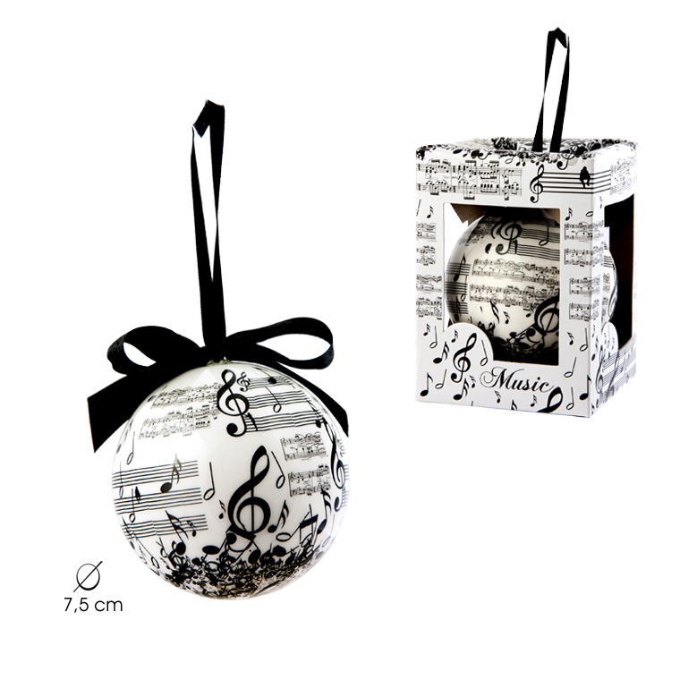 REGALO - BOLA DE NAVIDAD CON MOTIVOS MUSICALES INDIVIDUAL 7,5cm (BLANCA Y NEGRA)