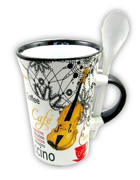 REGALO - TAZA CON CUCHARA, NOTAS MUSICALES Y VIOLIN (BLANCO)