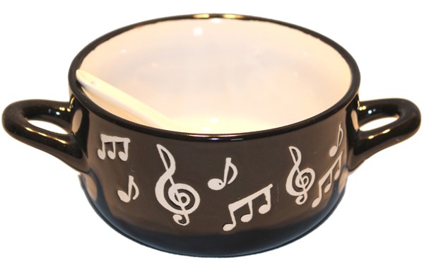 REGALO - TAZON NEGRO CON NOTAS MUSICALES Y CUCHARA (FONDO BLANCO)