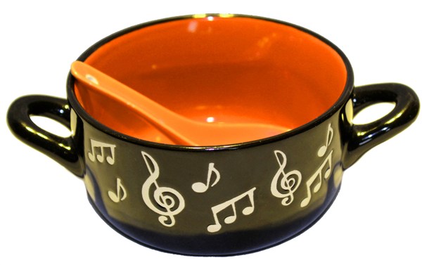 REGALO - TAZON NEGRO CON NOTAS MUSICALES Y CUCHARA (FONDO NARANJA)