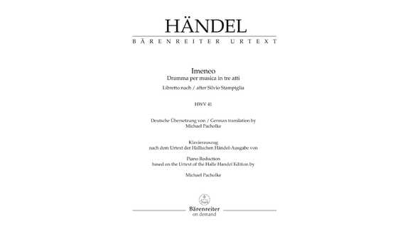 HANDEL G.F. - IMENEO HWV 41 URTEXT CANTO Y PIANO