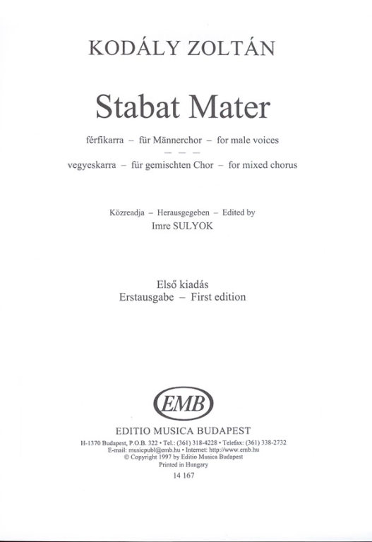 KODALY Z. - STABAT MATER SATB -