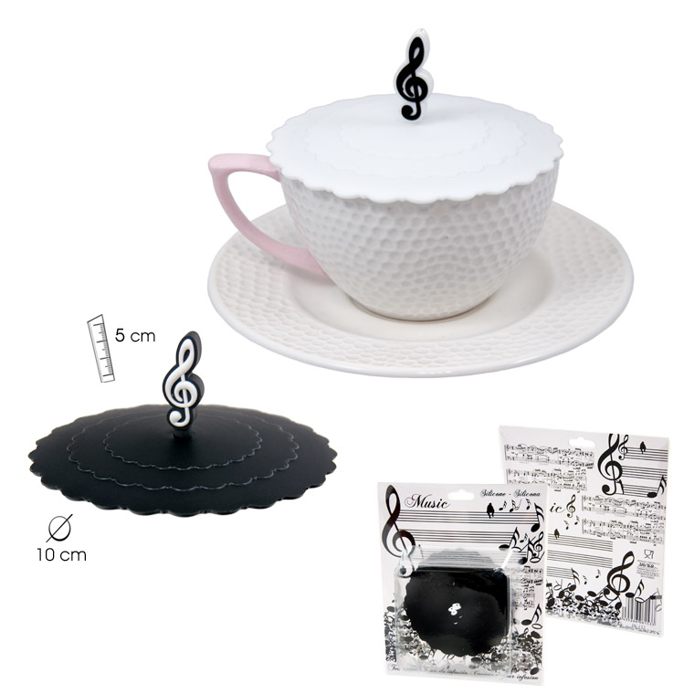 REGALO - TAPADERA DE SILICONA CON MOTIVO MUSICAL 10cm (EN BLANCO Y EN NEGRO)