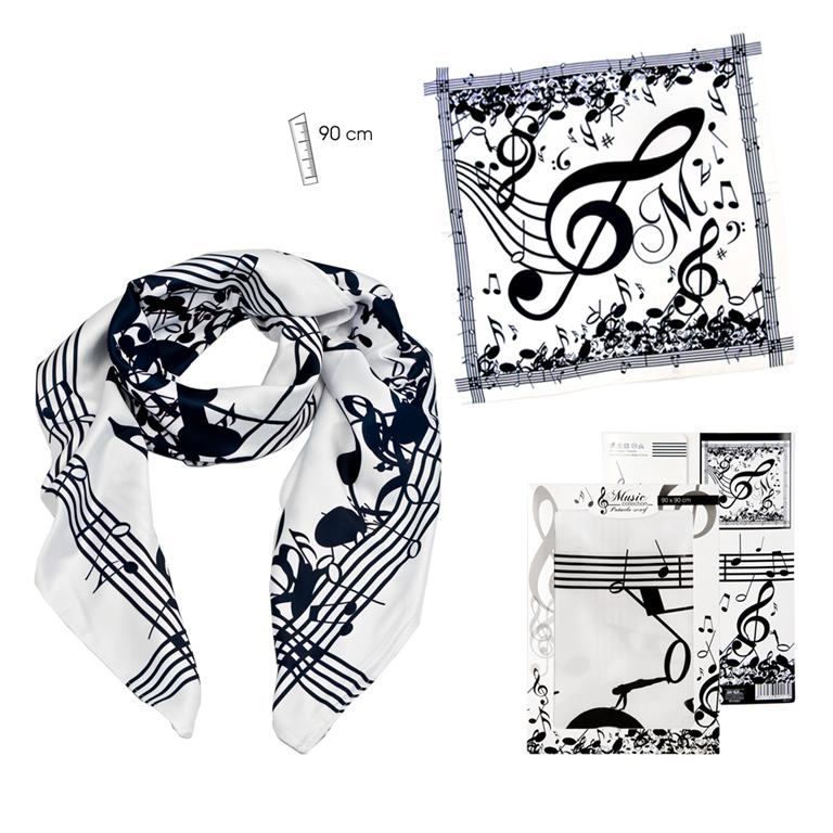 REGALO - PAÑUELO CON MOTIVOS MUSICALES 90cm (BLANCO Y NEGRO)