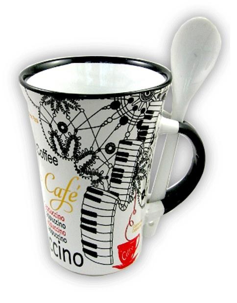 REGALO - TAZA CON CUCHARA, CON NOTAS MUSICALES Y TECLADO (NEGRA)
