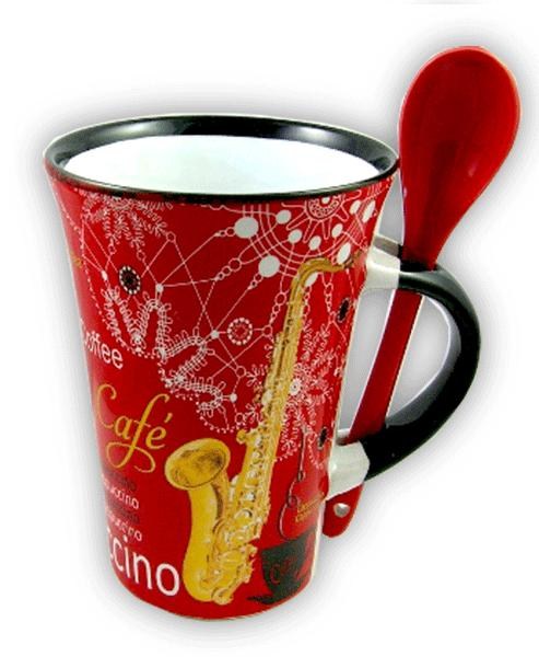 REGALO - TAZA CON CUCHARA, NOTAS MUSICALES Y SAXOFON (ROJO)
