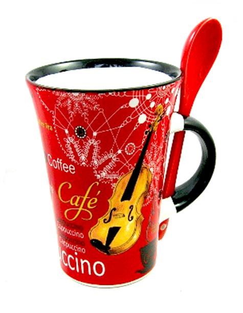 REGALO - TAZA CON CUCHARA, NOTAS MUSICALES Y VIOLIN (ROJO)