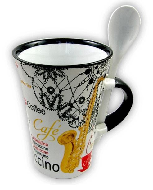 REGALO - TAZA CON CUCHARA, NOTAS MUSICALES Y SAXOFON (BLANCO)