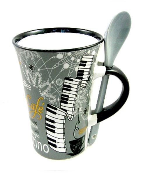REGALO - TAZA CON CUCHARA, NOTAS MUSICALES Y PIANO (GRIS)