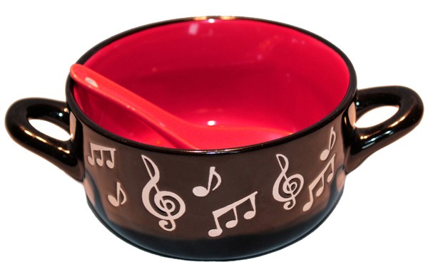 REGALO - TAZON NEGRO CON NOTAS MUSICALES Y CUCHARA (FONDO ROJO)