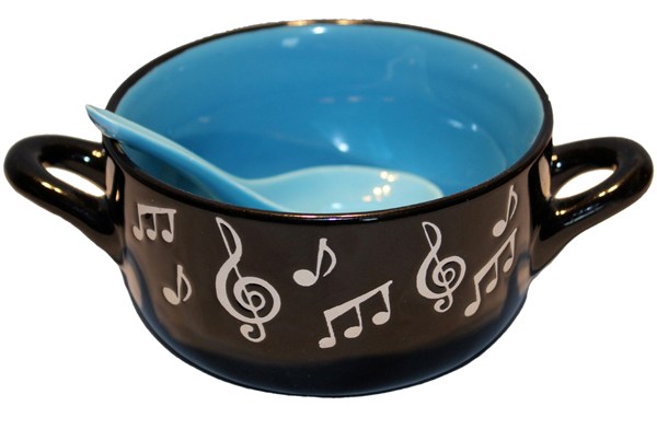 REGALO - TAZON NEGRO CON NOTAS MUSICALES Y CUCHARA (FONDO AZUL)