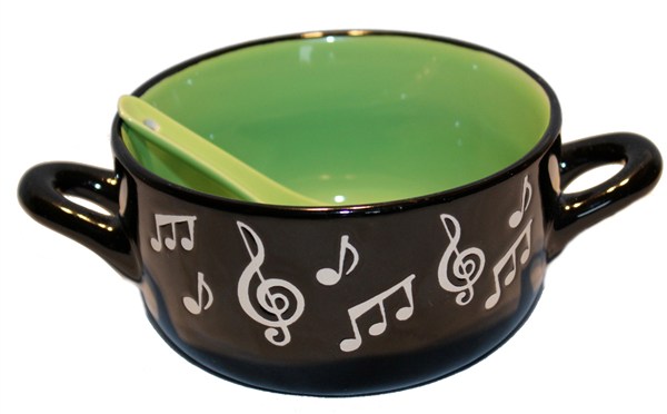 REGALO - TAZON NEGRO CON NOTAS MUSICALES Y CUCHARA (FONDO VERDE)
