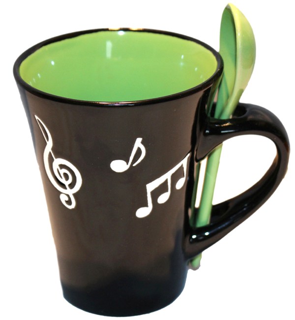 REGALO - TAZA NEGRA Y CUCHARA (FONDO VERDE) DESCATALOGADO