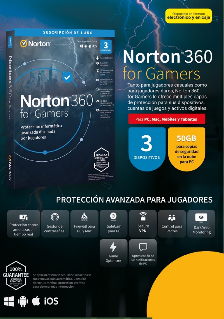 ANTIVIRUS NORTON 360 GAMERS 50GB 1 USUARIO 10 DISP.