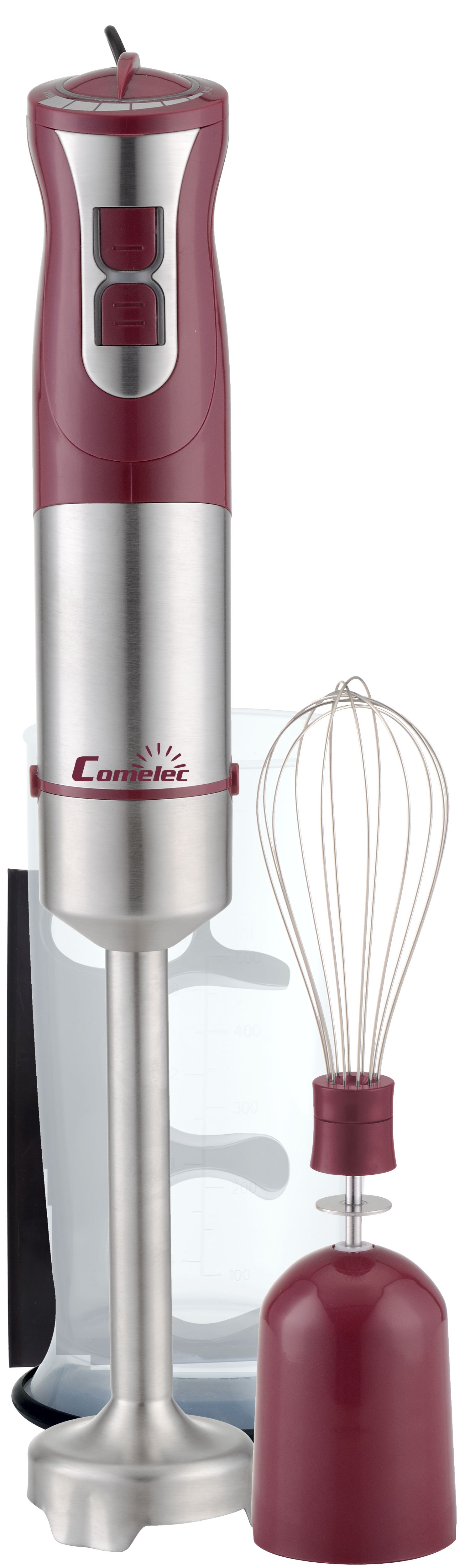 BATIDORA MANO COMELEC BV1139, C/ACCESORIOS, PIE INOX, GRIS/ROJO - 1000W