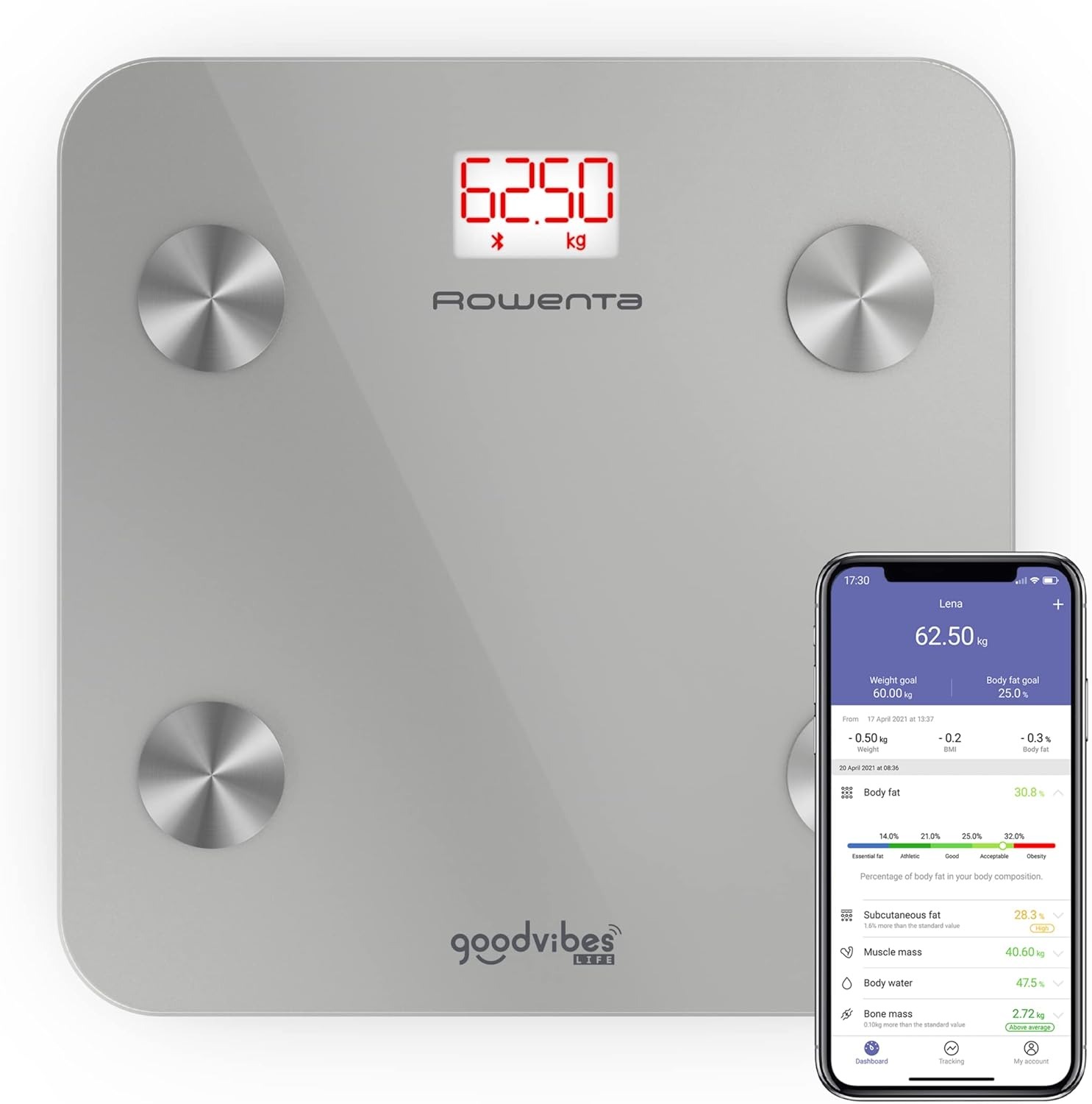 BÁSCULA ROWENTA BR9600, CONECTADA APP, 10 MEDICIONES - 160KG