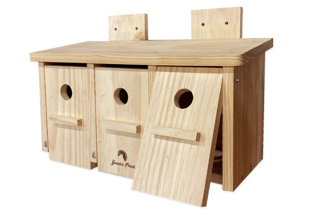 Caja nido de madera horizontal para gorrión común y molinero 