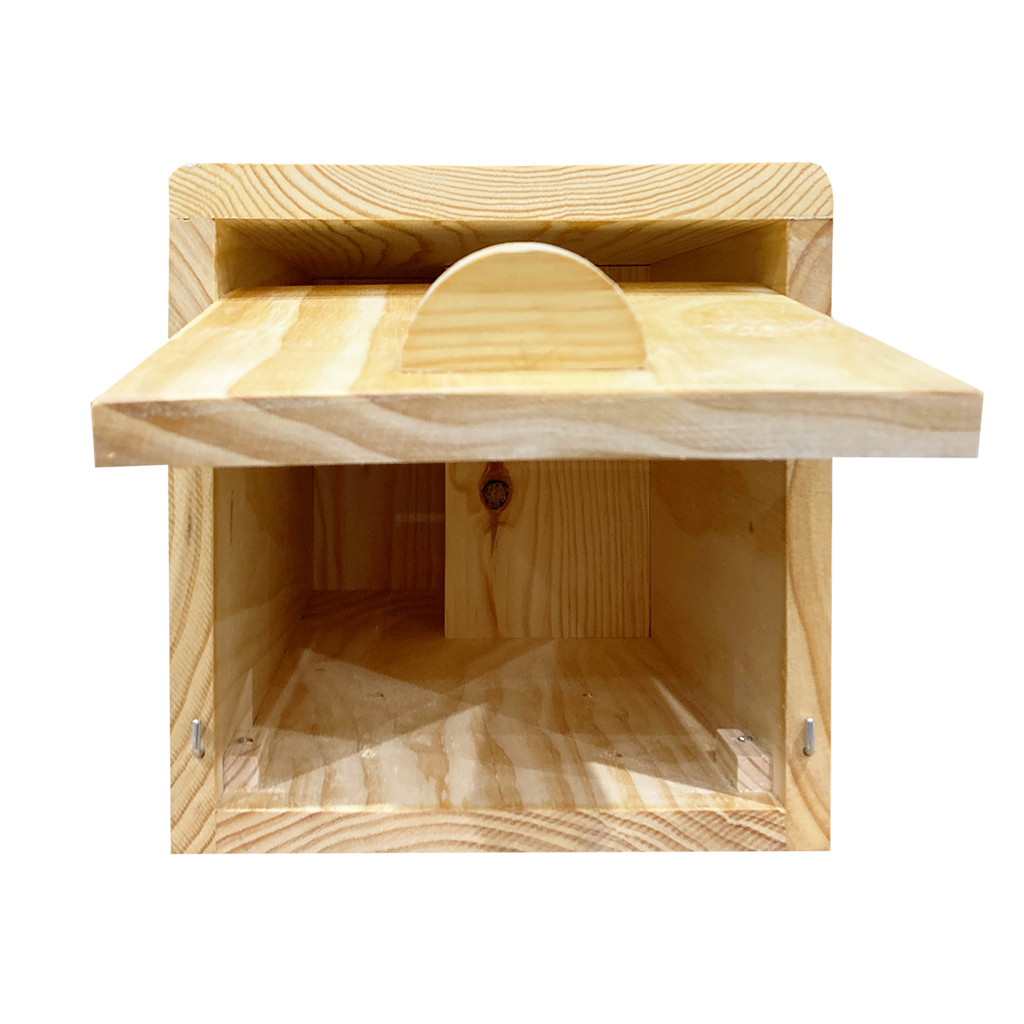 Caja nido horizontal para mochuelo con apertura trasera