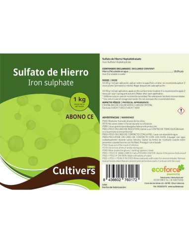 Sulfato de hierro ecológico Cultivers 250g