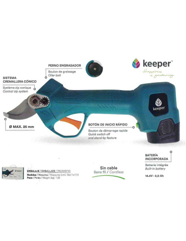 Tijera de poda eléctrica a batería Keeper KP280 con 2 baterías