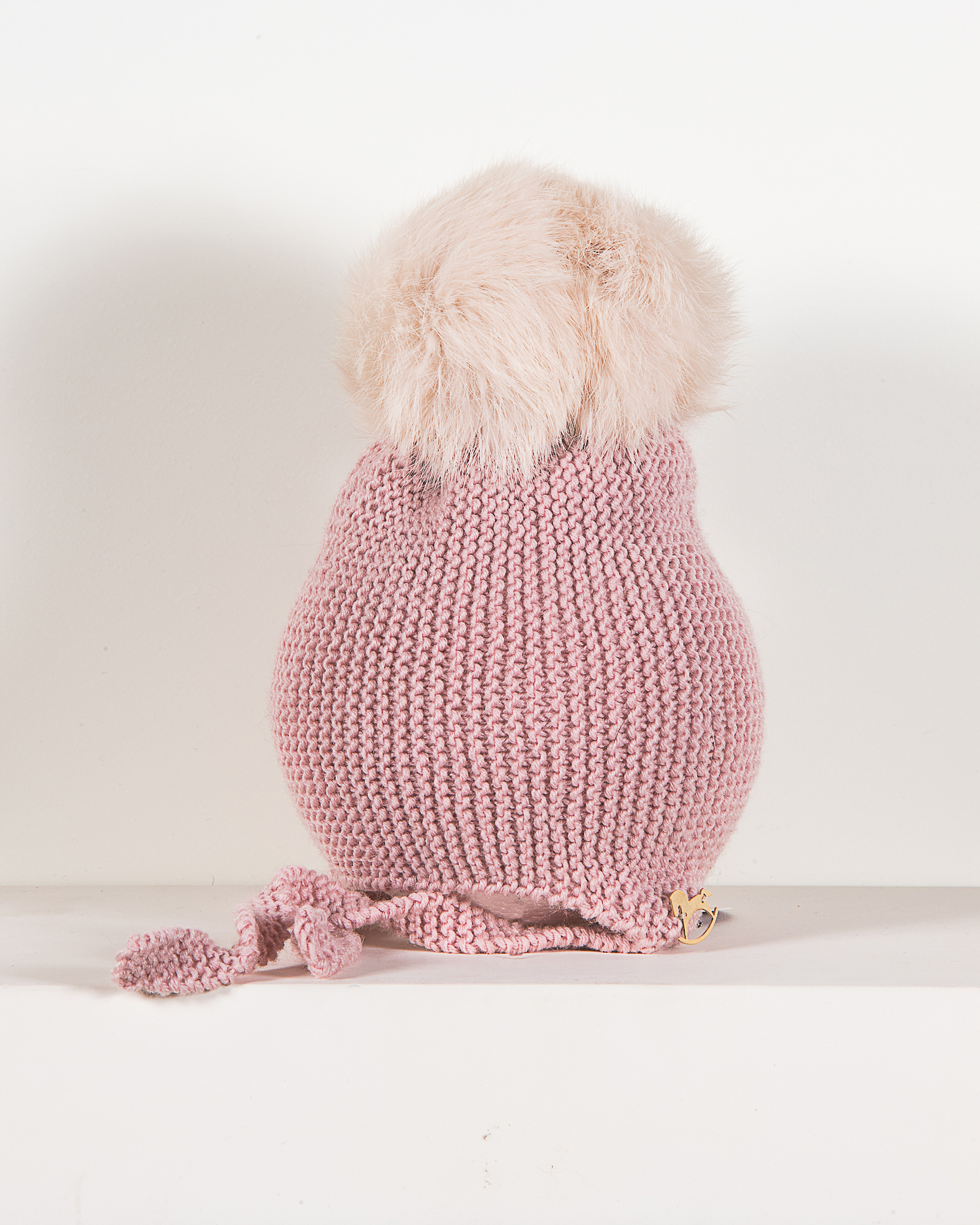 GORRO AVIADOR MERINO MARINO CON POMPON RAPADO 12 MESES ROSA EMPOLVADO