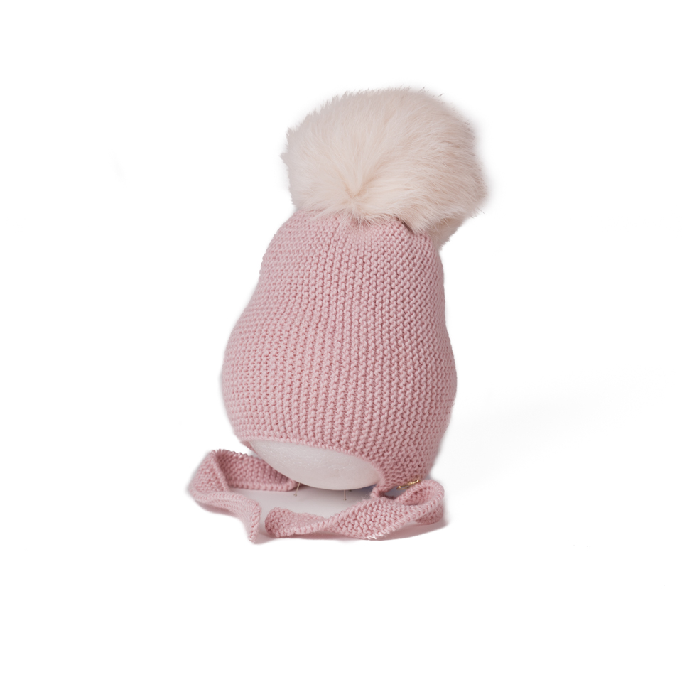 GORRO AVIADOR MERINO MARINO CON POMPON RAPADO 12 MESES ROSA EMPOLVADO 2