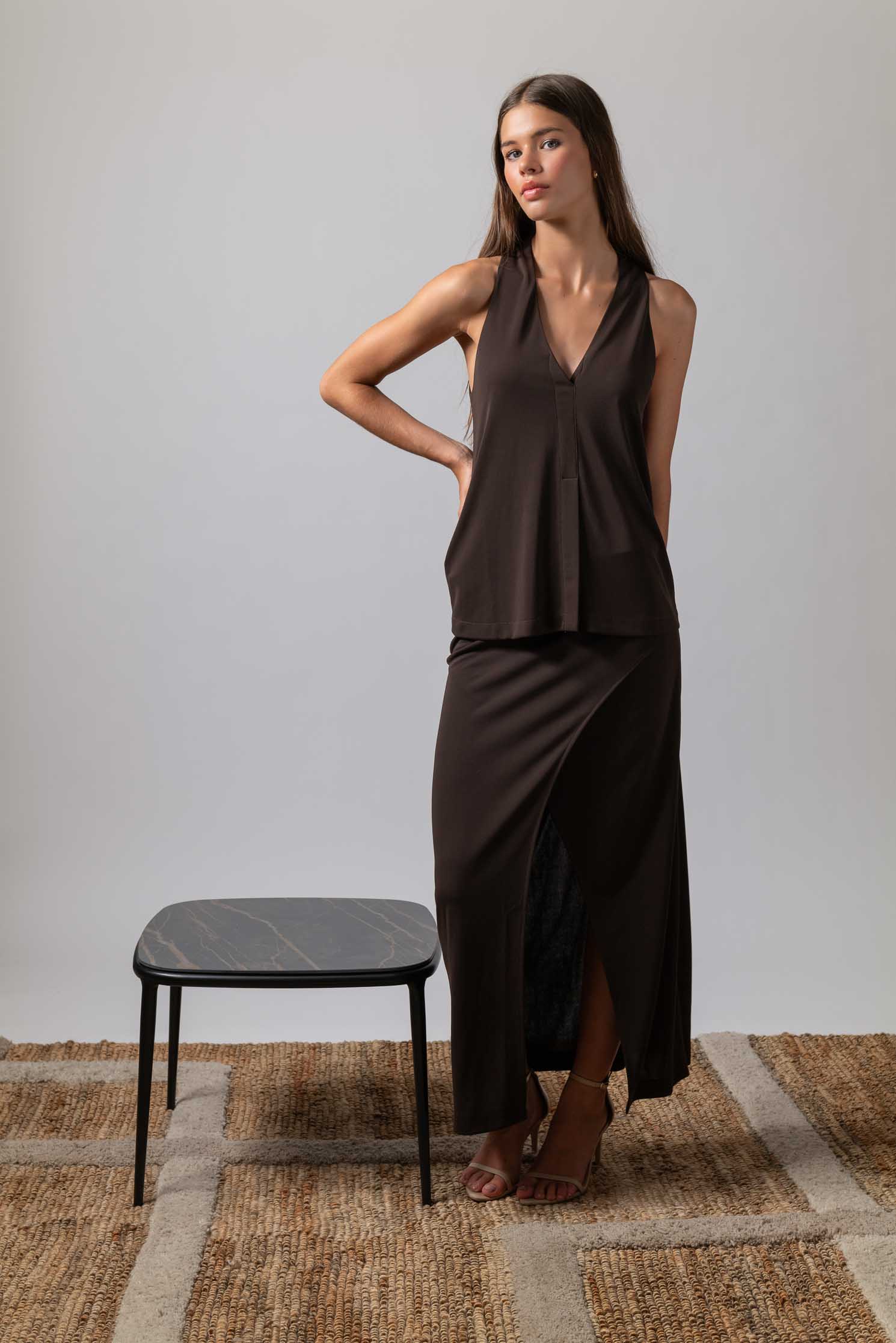 FALDA TULIPAN TESSUTO CHOCOLATE BROWN