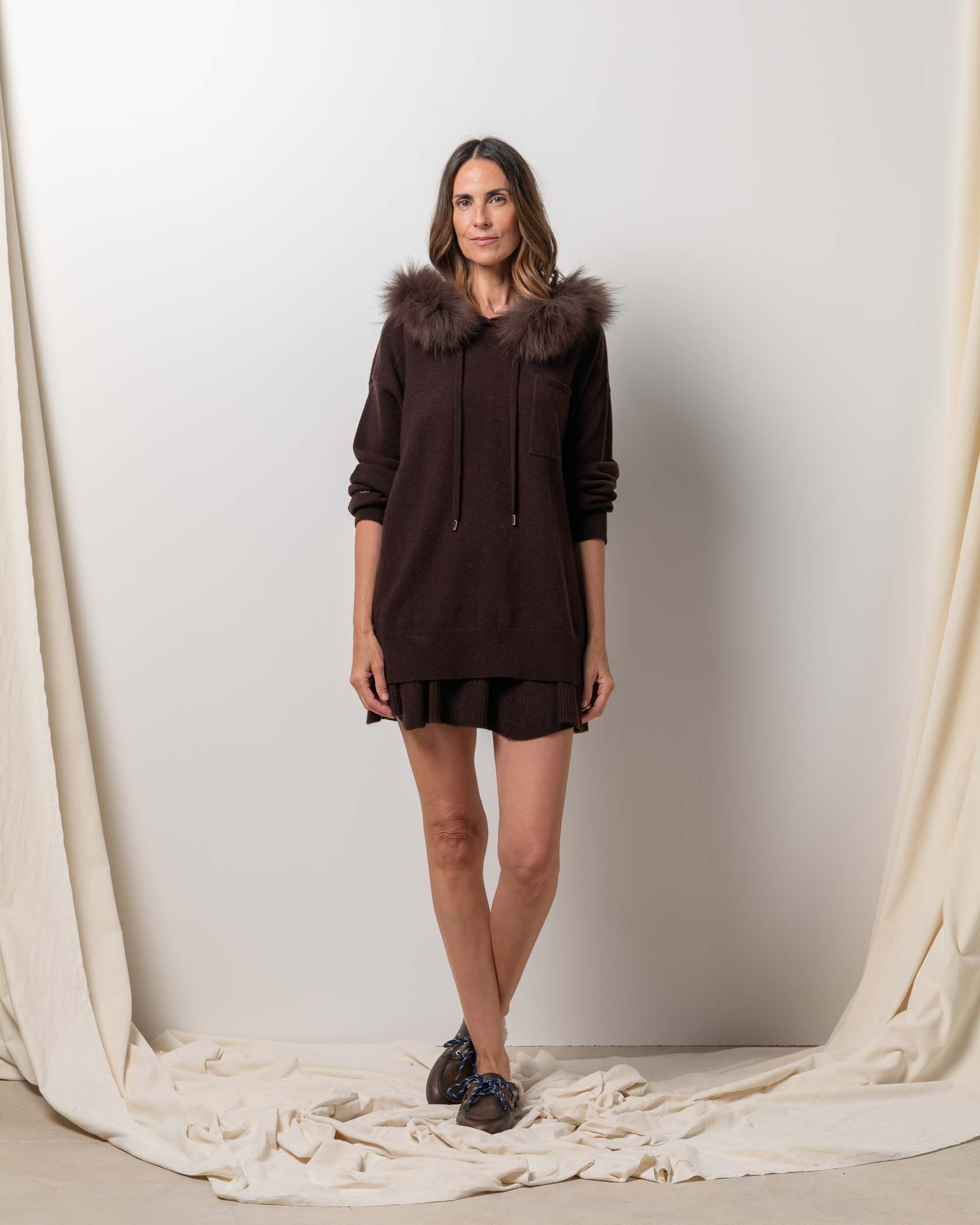 SHORT FLARED SKIRT CASHMERE CHOCOLATE BROWN 4