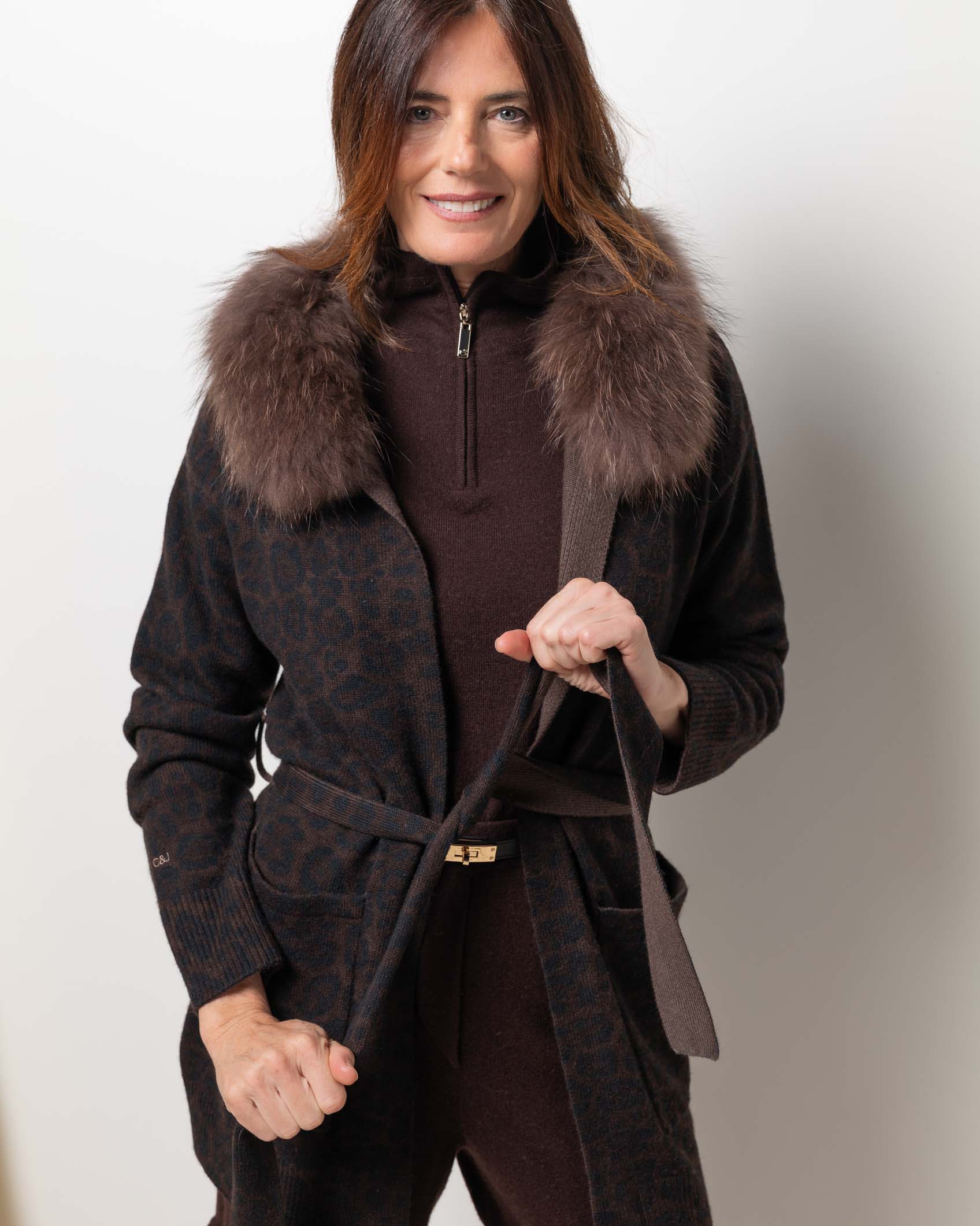 MIDI CARDIGAN CASHMERE PRINT NAVY MOCCA