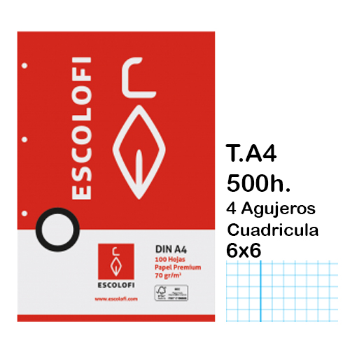 PAQ. 500H A4 CUADRICULA 6X6MM C/MARGEN