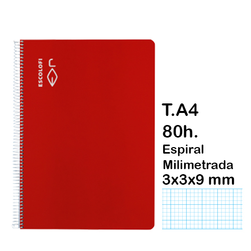 LIBRETA A4 80H MILIMETRADA 3X3X9MM ROJO