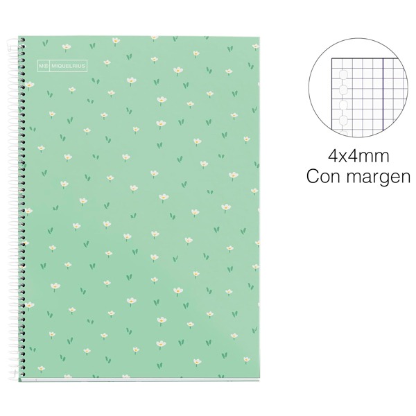 CUADERNO ESC.Fº 80H 4X4 FLORES VERDE