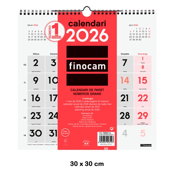 CALENDARIO PARED NUM.GRANDES 30X30 2026