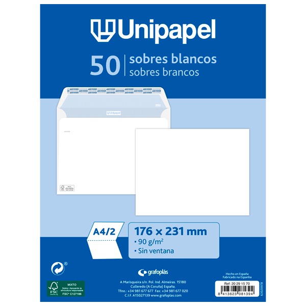 PACK 50 SOBRES AMERICANOS 115X225 S/V