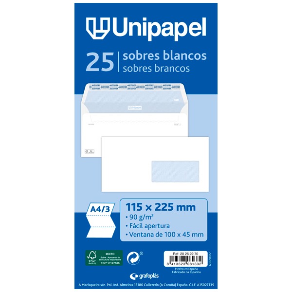 PACK. 25 SOBRES AMERICANO 115X225 V/D