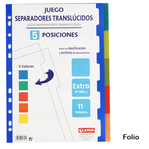 JUEGO 5 SEPARADORES FOLIO PLASTICO 500M